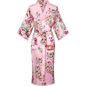 Women's Long Kimono Robe Floral Printed Satin Robes Lightweight Silky Bathrobe